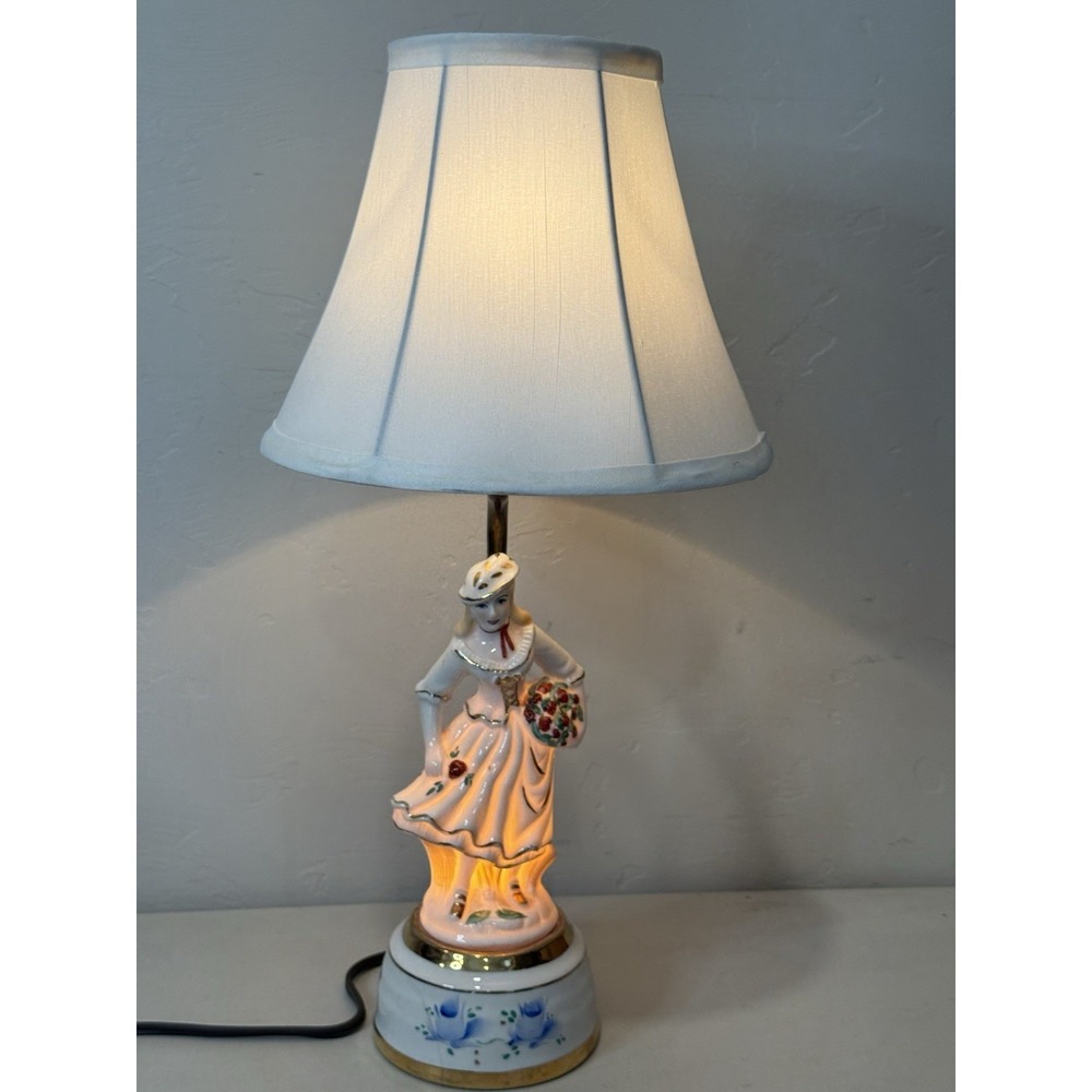 Vintage Porcelain Lady Nightlight Table Lamp Retro Boudoir Light Gold Trim